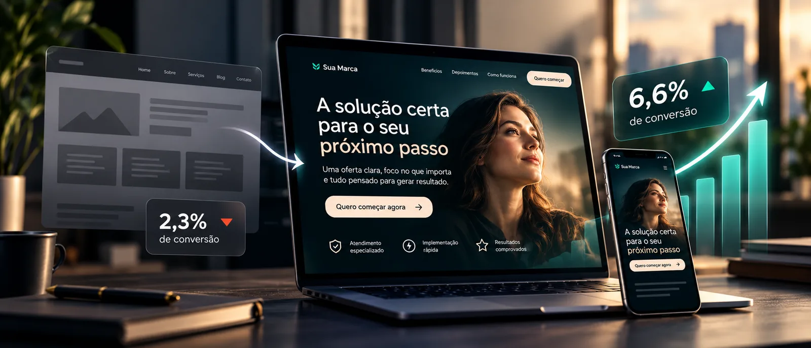 Comparação visual entre uma homepage genérica e uma landing page focada em conversão