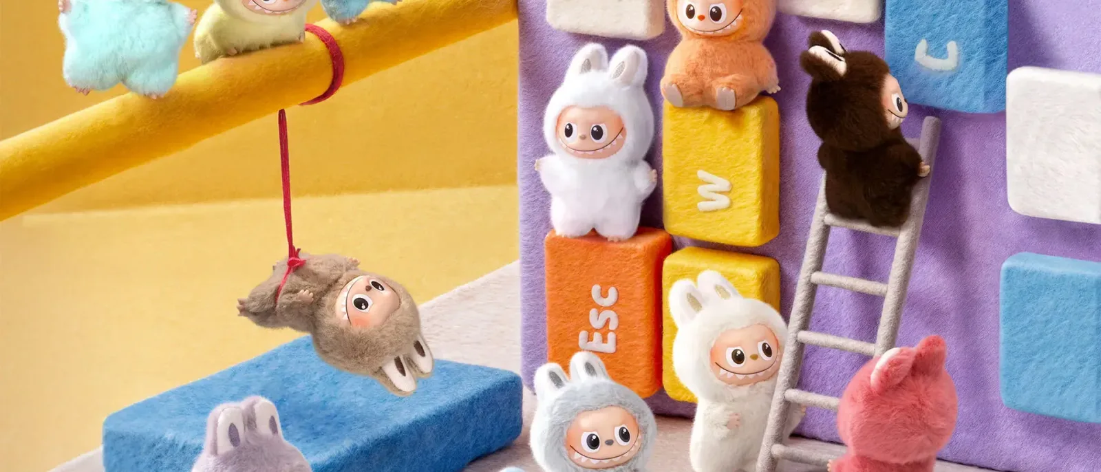 Coleção de bonecos de pelúcia colecionáveis em uma estante colorida estilo brinquedoteca