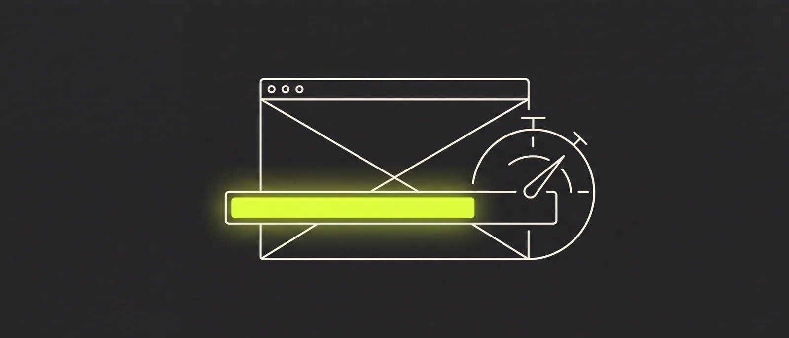 Ilustração minimalista de uma janela de navegador carregando com barra de progresso verde-limão e um velocímetro